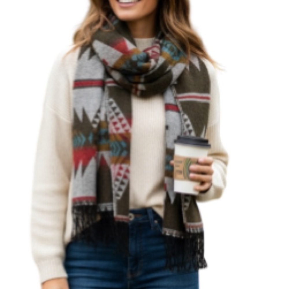 Garage Southwestern Geometric Pattern Rectangle Fringe Blanket Scarf Autumn Tone
